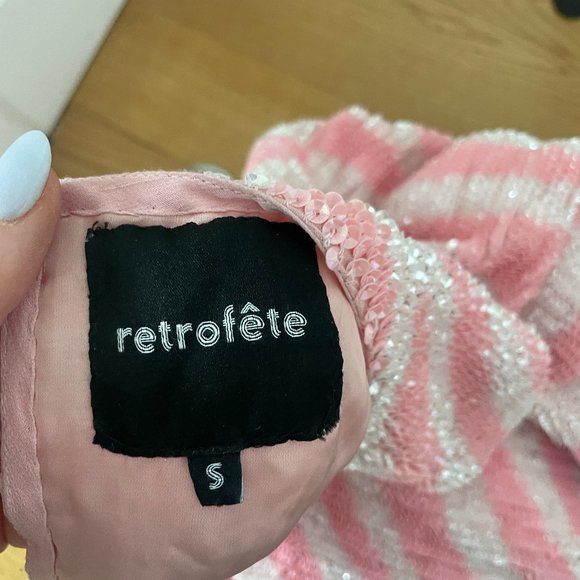 Retrofete Grace Sequins Mini Dress Small Striped Pink & White Self Tie Belt - Picture 2 of 14